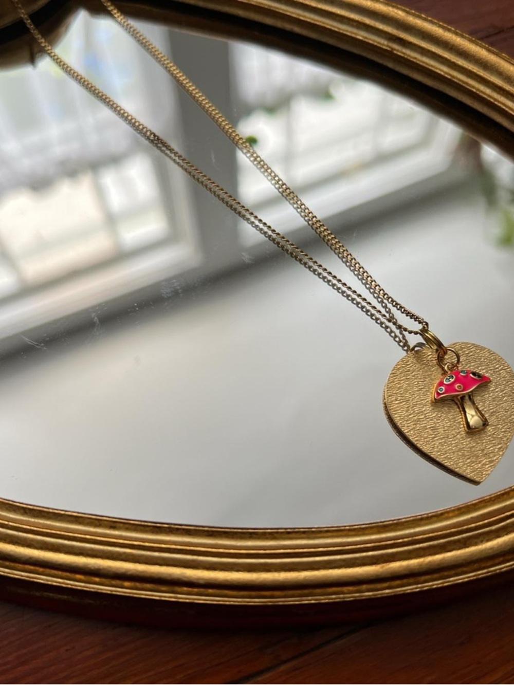 Gold Heart Necklace with Pink Mushroom Charm Pendant